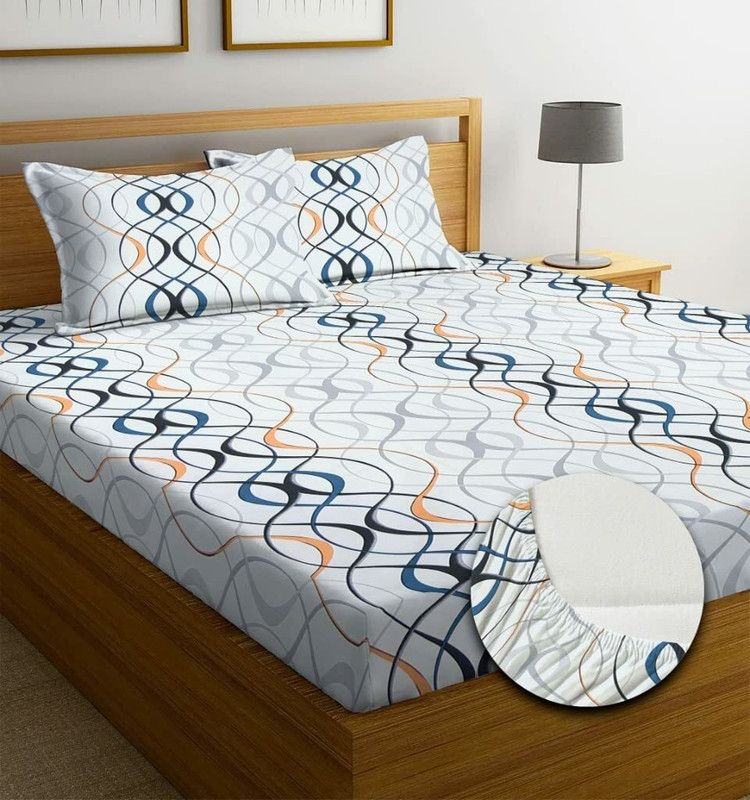 Parneet 220 TC Cotton Double Floral Fitted (Elastic) Bedsheet  (Pack of 1, White Blue and Grey, White Cartoon Printed, Blue, W)