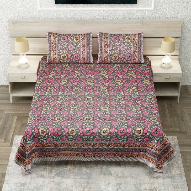 Texstylers 280 TC Cotton King Floral Flat Bedsheet  (Pack of 1, Grey and Pink)