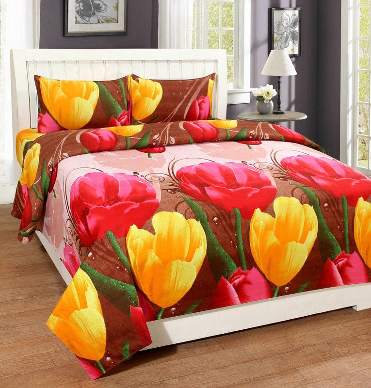Fashion Town 180 TC Microfiber Double Floral Flat Bedsheet  (Pack of 1, Red)