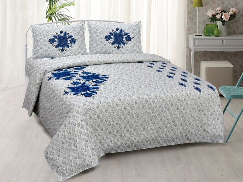 Vp unique textiles 240 TC Cotton Double Printed Flat Bedsheet  (Pack of 1, Blue)