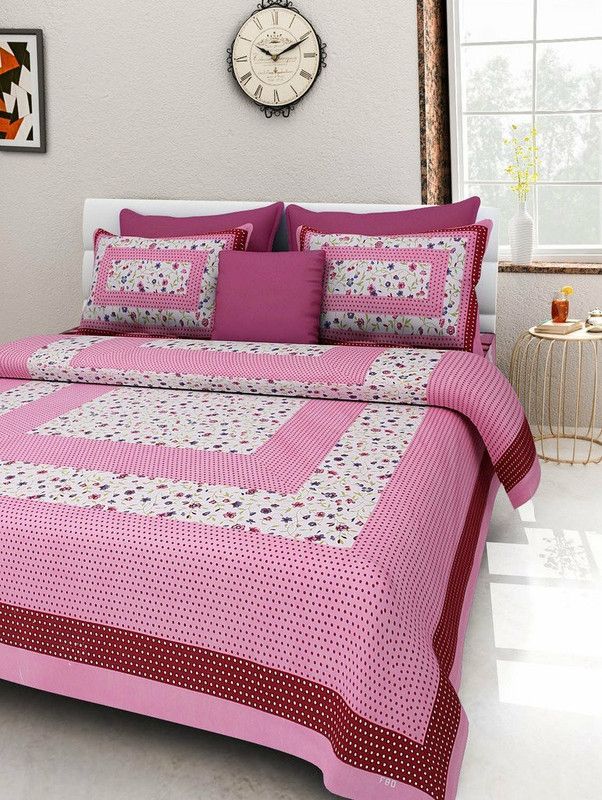 BS FASHION 120 TC Cotton Double Printed Flat Bedsheet  (Pack of 1, Pink, white)