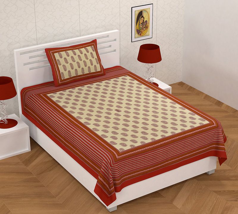 Vyom Crafts 150 TC Cotton Single Jaipuri Prints Flat Bedsheet  (Pack of 1, Red)