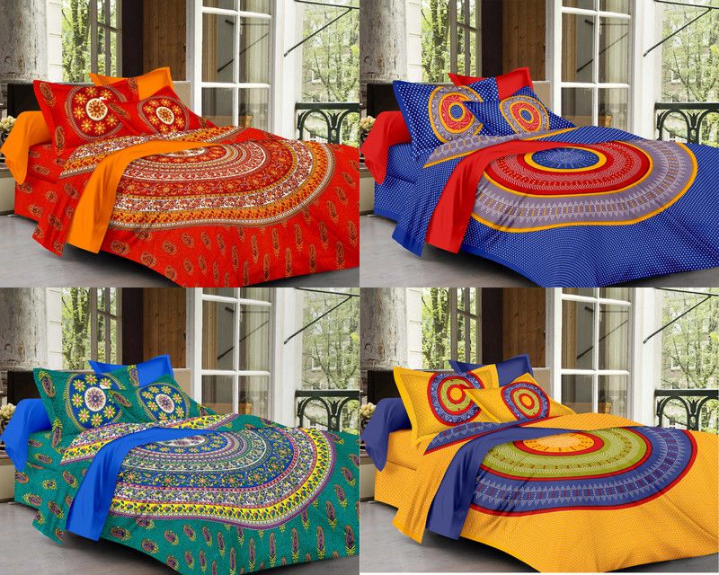 SheetKart 144 TC Cotton Double Printed Flat Bedsheet  (Pack of 4, Multicolor)