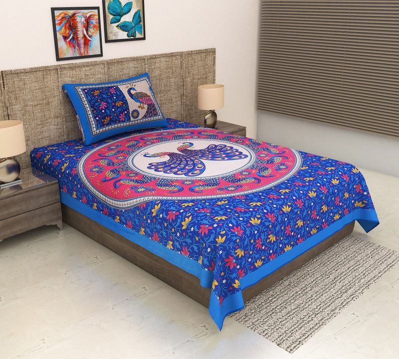 METRO LIVING 104 TC Cotton Single Printed Flat Bedsheet  (Pack of 1, Light Blue)