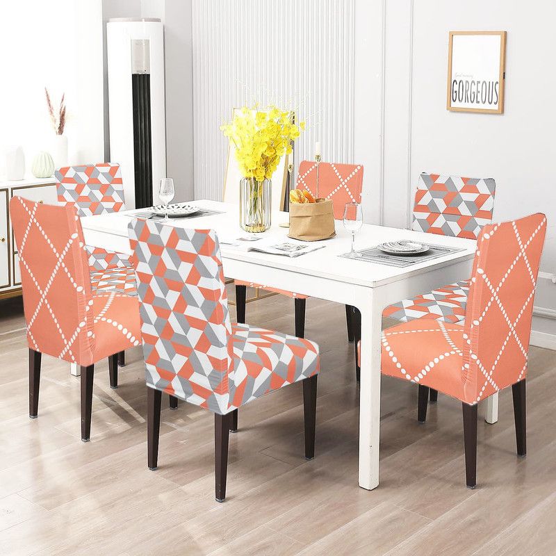 STYLE4HER Polycotton Geometric Chair Cover  (Orange, White Pack of 6)