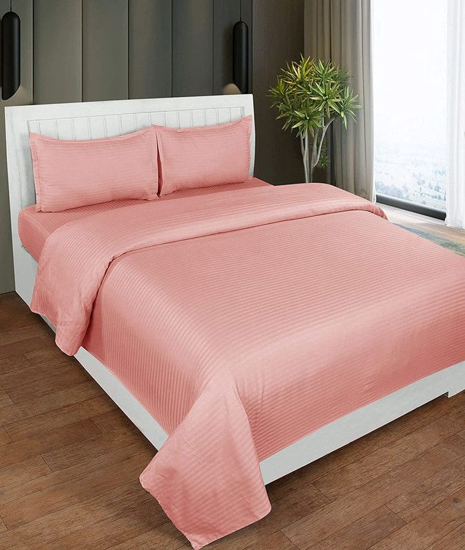 lostaka 220 TC Cotton Double Striped Flat Bedsheet  (Pack of 1, Peach)