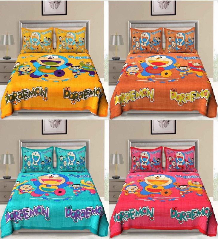 TRENDYELITE 140 TC Cotton Double Printed Flat Bedsheet  (Pack of 4, Yellow : Orange : Red)