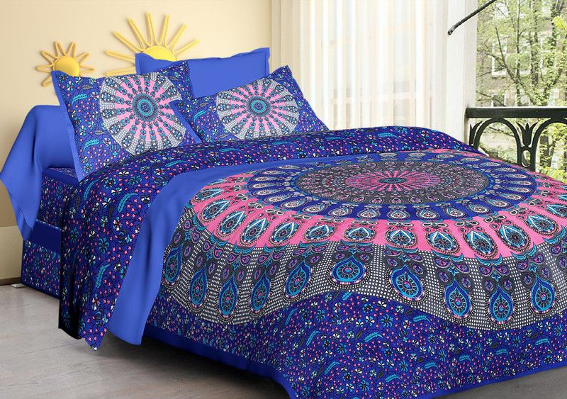 SHREE VASU 130 TC Cotton Queen Jaipuri Prints Flat Bedsheet  (Pack of 1, Blue)