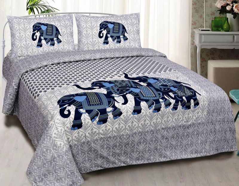LxMiCreations 165 TC Cotton Double Jaipuri Prints Flat Bedsheet  (Pack of 1, Grey)