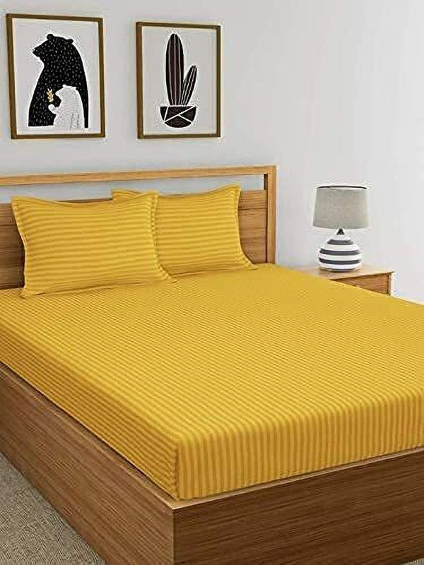 home legend 310 TC Microfiber King Striped Fitted (Elastic) Bedsheet  (Pack of 1, Yellow)