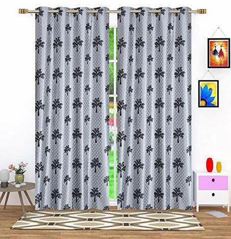 AH-DECOR 243 cm (8 ft) Polyester Room Darkening Door Curtain (Pack Of 2)  (Printed, Grey)