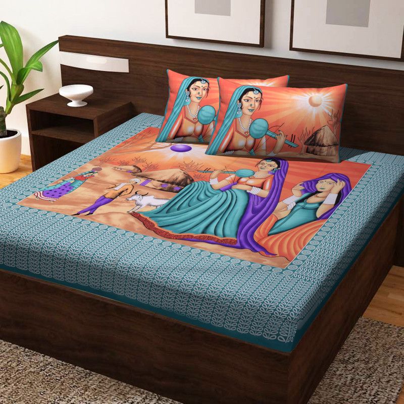 Abhi Impex 160 TC Cotton Double Jaipuri Prints Flat Bedsheet  (Pack of 1, Green)