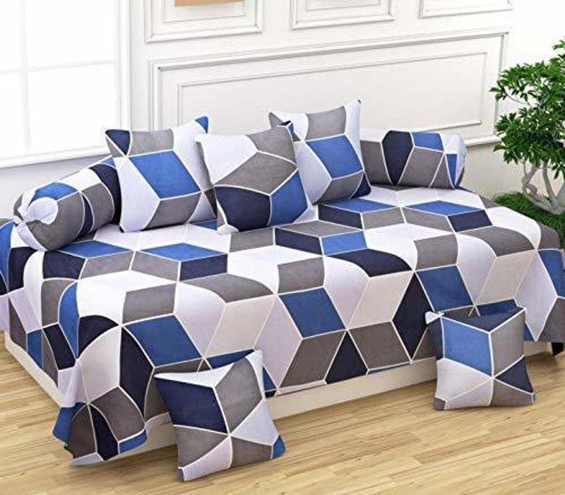 SINGHS VILLAS DECOR Cotton Geometric Diwan Set  (Blue, Grey)