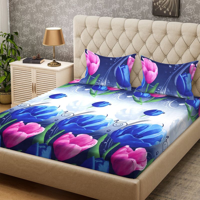Bombay Dyeing 136 TC Microfiber Double Floral Flat Bedsheet  (Pack of 1, Blue)