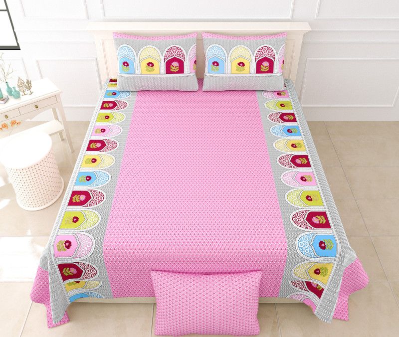 SUUMAYA 144 TC Cotton King Printed Flat Bedsheet  (Pack of 1, Pink & Yellow)
