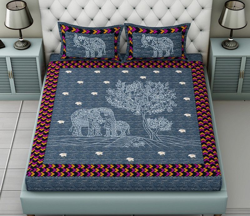 TanviFabrics 140 TC Cotton King Printed Flat Bedsheet  (Pack of 1, Blue)