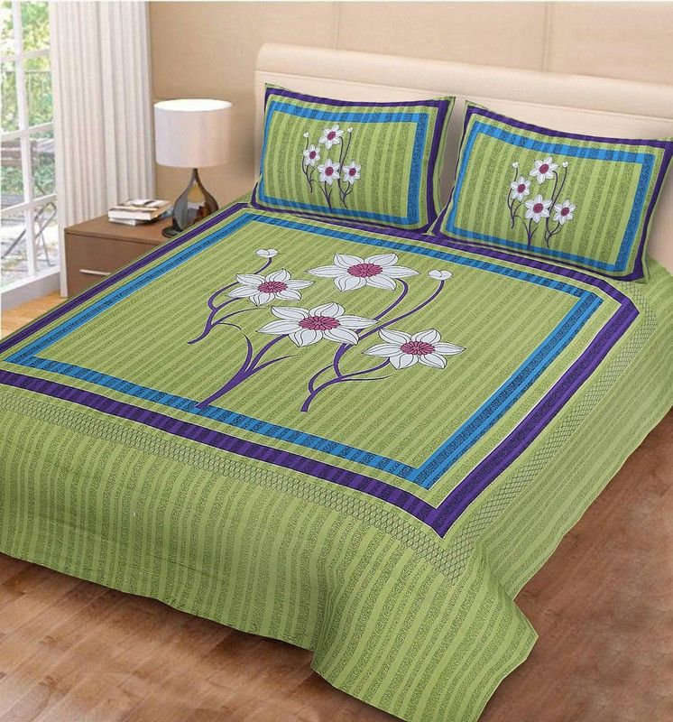 Decormite 144 TC Cotton Queen Floral Flat Bedsheet  (Pack of 1, Green)