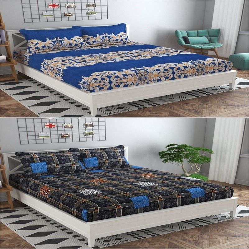 DIKSH 140 TC Polycotton Queen Printed Flat Bedsheet  (Pack of 2, blue rangoli and grey dibbi)
