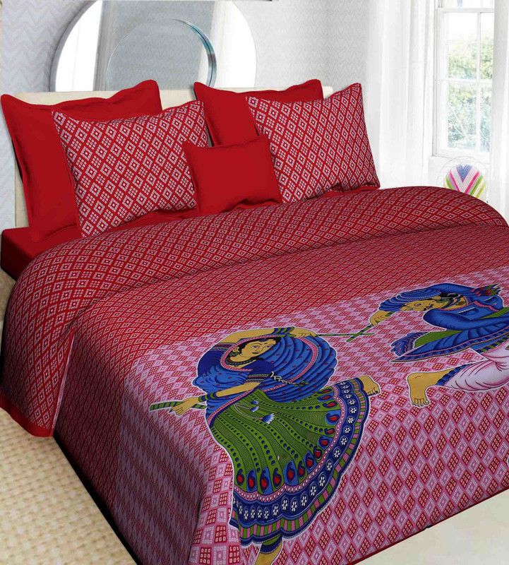 Printscapes 104 TC Cotton Double Jaipuri Prints Flat Bedsheet  (Pack of 1, Red)