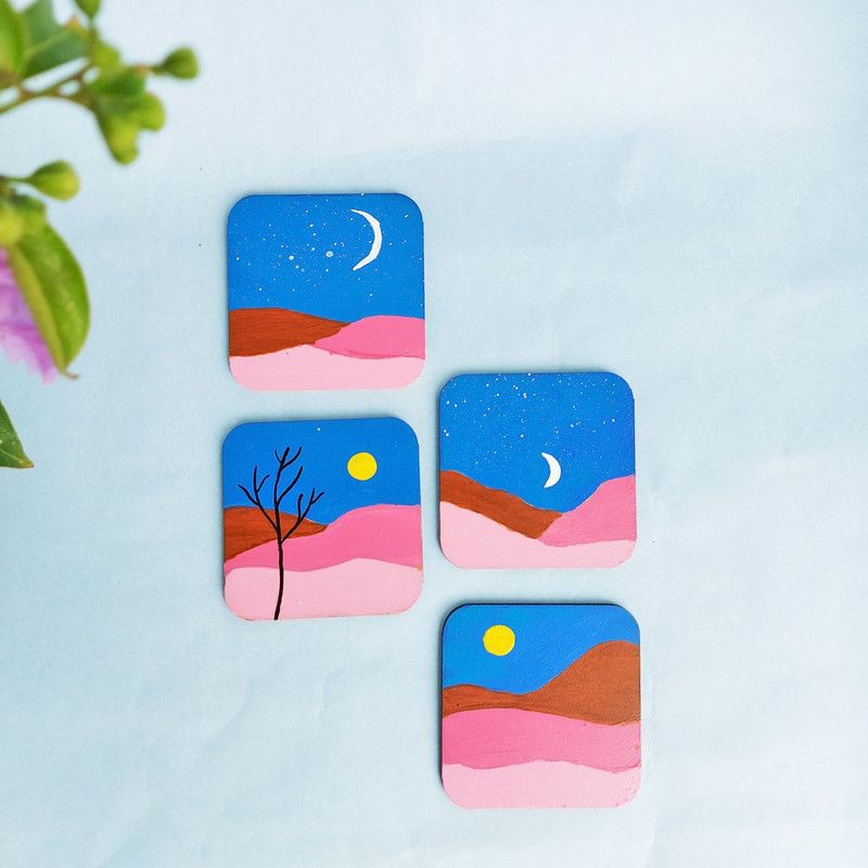 CraftKart Square Reversible Wood Coaster Set  (Pack of 4)