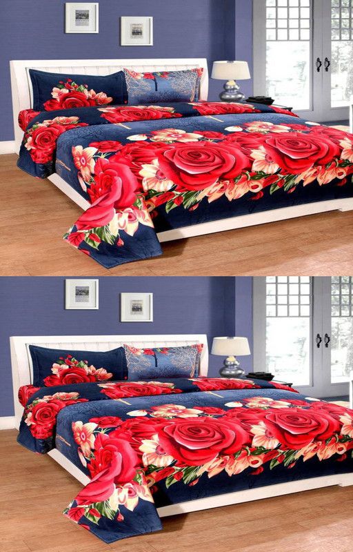 IOM 144 TC Microfiber Double Floral Fitted & Flat Bedsheet  (Pack of 2, Red)
