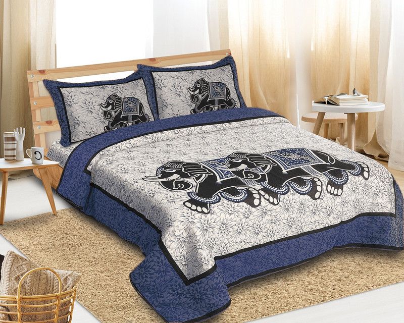 HANDTEX HOME 200 TC Cotton Double Abstract Flat Bedsheet  (Pack of 1, White, Blue)
