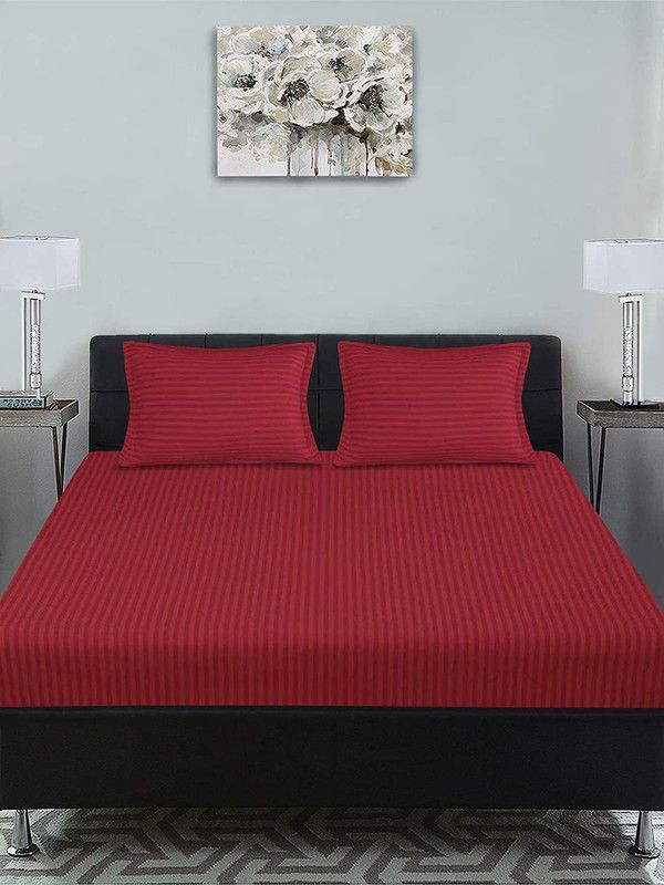 DIKSH 140 TC Polycotton Double Striped Fitted (Elastic) Bedsheet  (Pack of 1, stripe maroon)