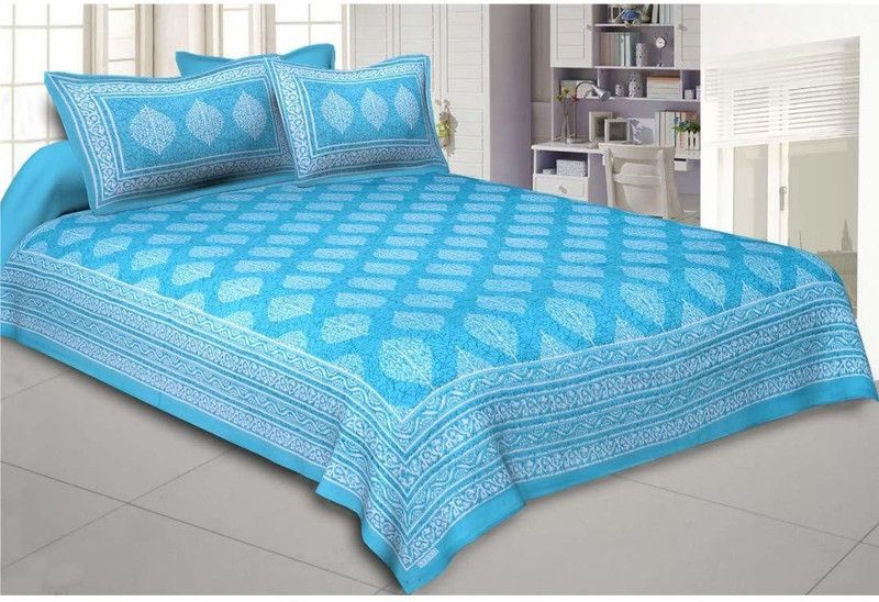 TOUCH 'N' GLOW 250 TC Cotton King Printed Fitted (Elastic) Bedsheet  (Pack of 1, Light Blue)