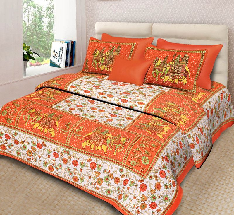 ZORA FAB 240 TC Cotton Double, King Floral Flat Bedsheet  (Pack of 1, Orange)