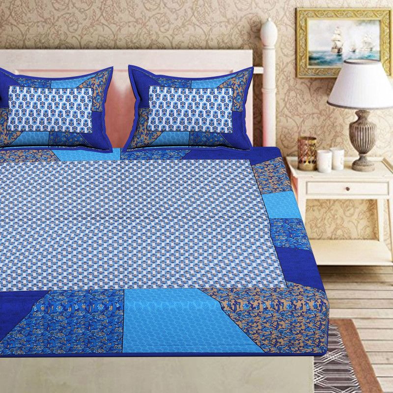 DHAKAD 104 TC Cotton Double Jaipuri Prints Flat Bedsheet  (Pack of 1, Blue, Grey)