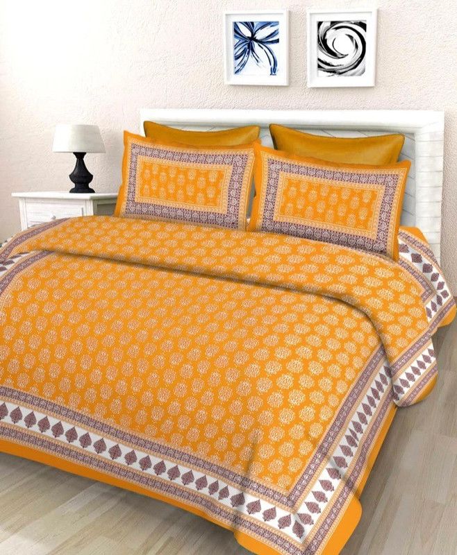 Priyanshi Fashion 144 TC Cotton Double Jaipuri Prints Flat Bedsheet  (Pack of 1, Yellow)
