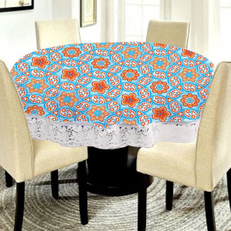 Floral 4 Seater Table Cover  (Blue & Orange, PVC)