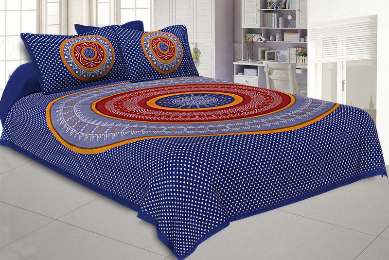 MNP Collection 240 TC Cotton Double Jaipuri Prints Flat Bedsheet  (Pack of 1, Blue Bhandej)