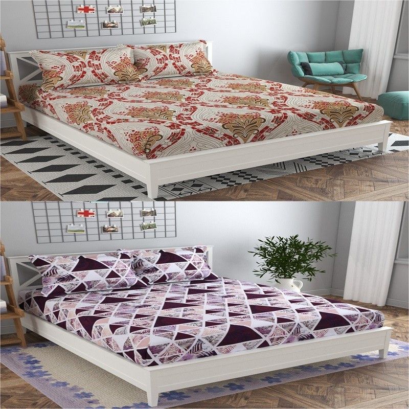 DIKSH 140 TC Polycotton King Floral Fitted (Elastic) Bedsheet  (Pack of 2, brown matka, black triangle)
