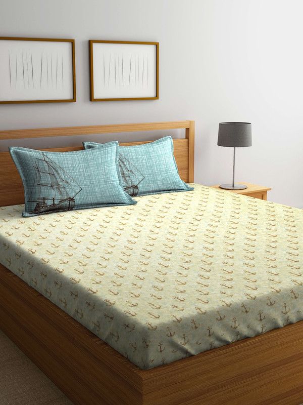 TRIDENT 210 TC Cotton Double Motifs Flat Bedsheet  (Pack of 1, Beige)