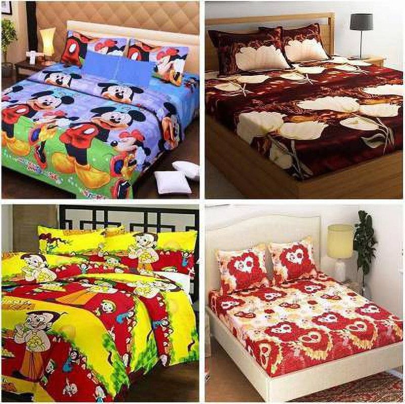 VHD 120 TC Cotton Double 3D Printed Flat Bedsheet  (Pack of 4, Multicolor)