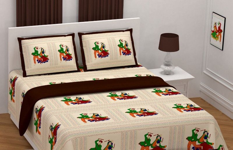 Deepika Imports 250 TC Cotton Double Printed Flat Bedsheet  (Pack of 1, Beige)