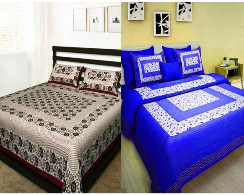 KRISMARTELITE 140 TC Cotton Double Printed Flat Bedsheet  (Pack of 2, Blue, Maroon)