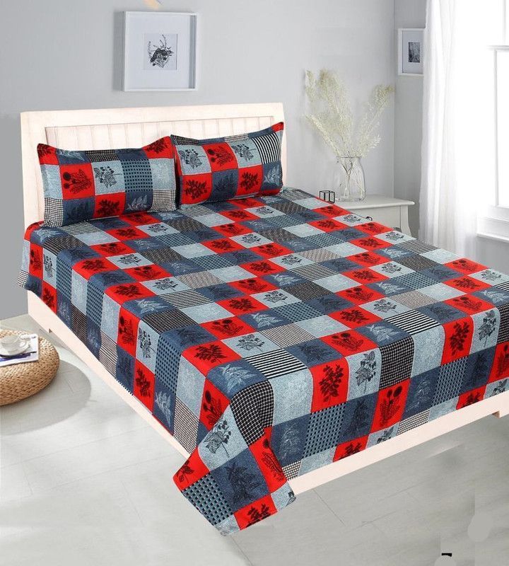 CHEVRON 140 TC Cotton Double Floral Flat Bedsheet  (Pack of 1, Red)