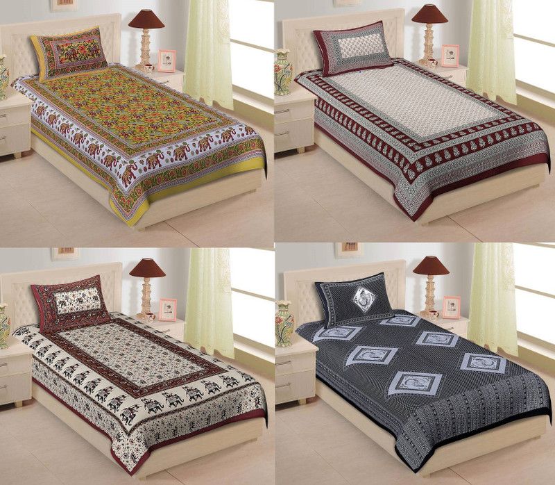 klus 150 TC Cotton Single Printed Flat Bedsheet  (Pack of 4, Multicolor)
