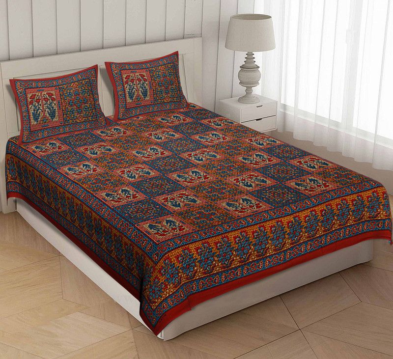 Jetri 120 TC Cotton King Jaipuri Prints Flat Bedsheet  (Pack of 1, Multicolor)