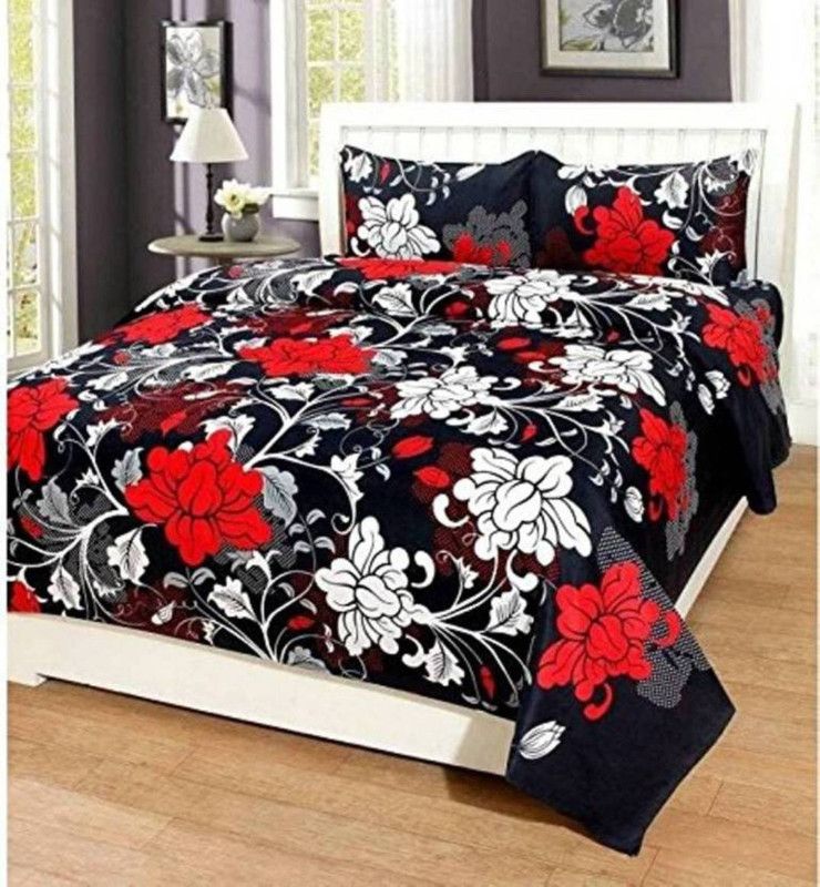 Twinkle Star's 145 TC Cotton Double Floral Flat Bedsheet  (Pack of 1, Black, Multicolor)