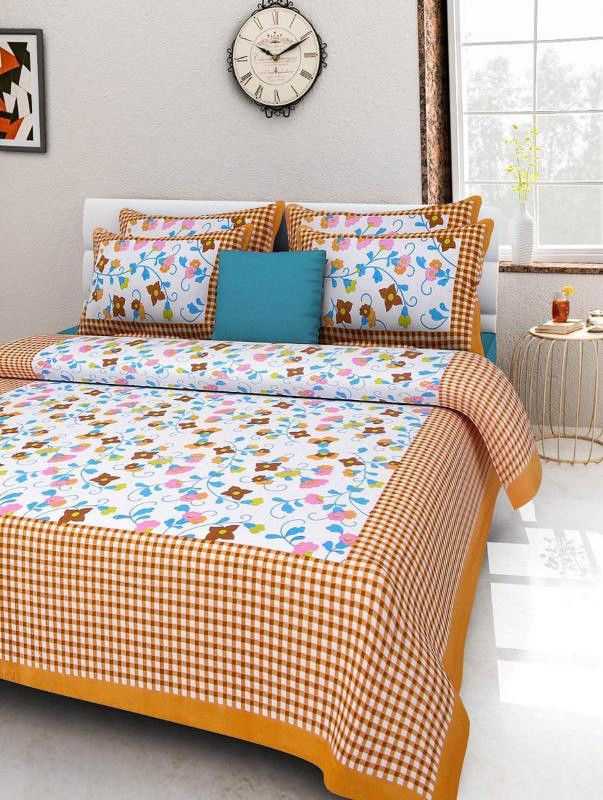 Fashion Cottage 120 TC Cotton King Floral Flat Bedsheet  (Pack of 1, Orange Border)