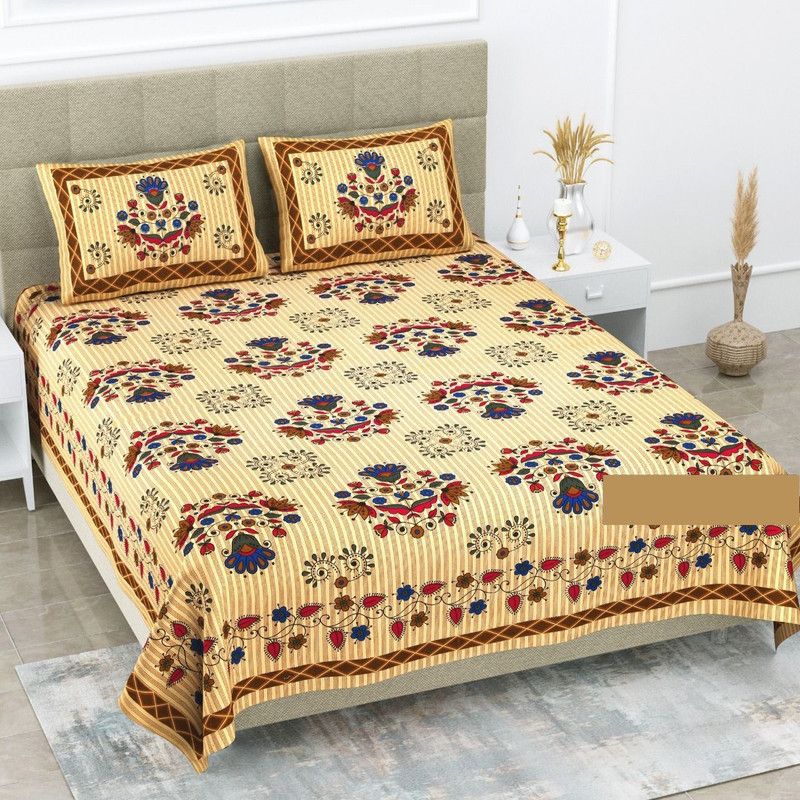 Quilt n Razai 144 TC Cotton Queen Printed Flat Bedsheet  (Pack of 1, Yellow, Red)