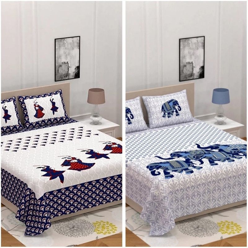 150 TC Cotton Double King Jaipuri Prints Bedsheet  (Pack of 2, Blue, White, Grey)