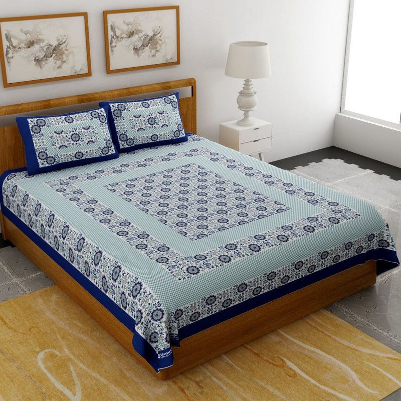 UNIQCHOICE 104 TC Cotton Double Floral Flat Bedsheet  (Pack of 1, Blue)
