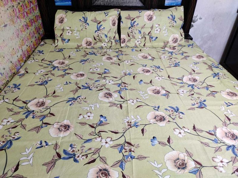 OBEROI HANDLOOM 144 TC Cotton Queen Floral Flat Bedsheet  (Pack of 1, Green)