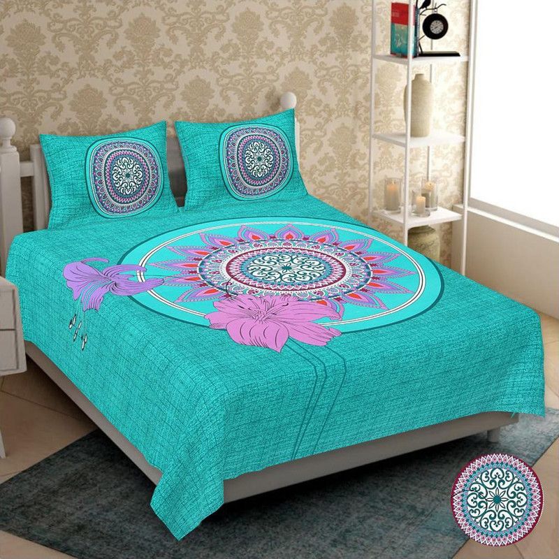 SUVASINI 144 TC Cotton Double Printed Flat Bedsheet  (Pack of 1, TEAL)
