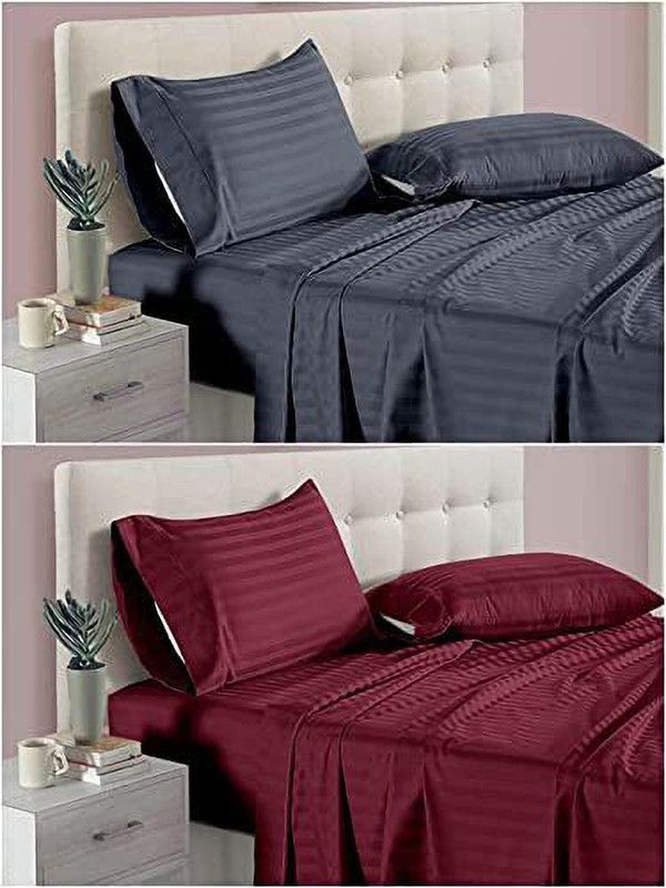 ESHLEY 310 TC Satin Double Striped Flat Bedsheet  (Pack of 2, MAROON+GREY)