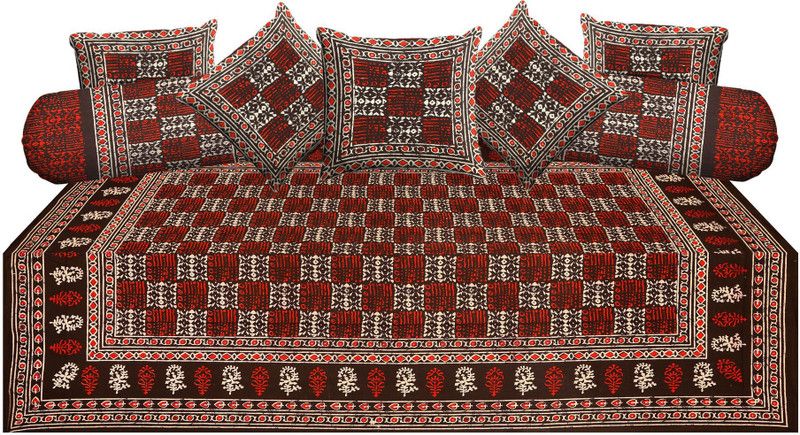 METRO LIVING Cotton Checkered Diwan Set  (Red, Black)